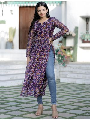 purple georgette digital printed cut kurti fabku20820
