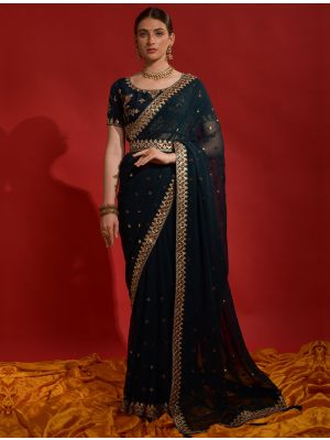 Rich Blue Party Wear Georgette Saree With Sequins