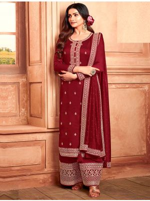 Rich Maroon Silk Georgette Embroidered Palazzo Suit small FABSL21515