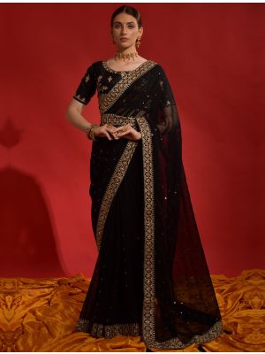 Royal Black Party Wear Georgette Saree With Sequins