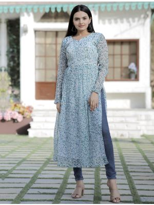 sky blue georgette digital printed cut kurti fabku20821