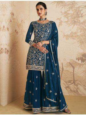 Teal Blue Georgette Semi Stitched Sharara Suit small FABSL21544