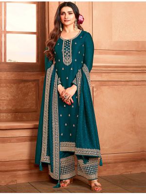 Teal Blue Silk Georgette Embroidered Palazzo Suit small FABSL21514