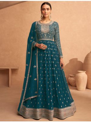 Teal Georgette Semi Stitched Sequined Anarkali Suit FABSL21549