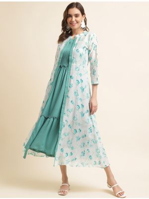 turquoise rayon cotton women dress with printed shrug fabku20827