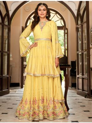 Yellow Chinon Semi Stitched Designer Lehenga Suit small FABSL21535