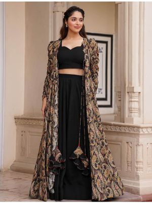 black georgette crop top with bottom and shrug fabku20843