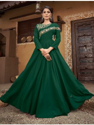 dark green muslin readymade gown with thread embroidery fabgo20240