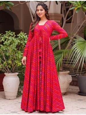 dark pink georgette crop top with bottom and shrug fabku20844