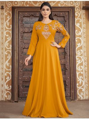 dark yellow muslin readymade gown with thread embroidery fabgo20241