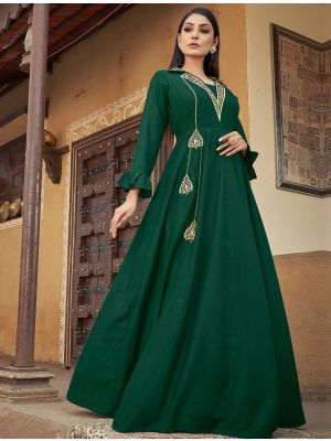 deep green muslin readymade gown with thread embroidery fabgo20244