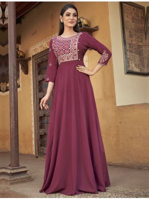 deep mauve muslin readymade gown with thread embroidery fabgo20239