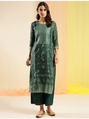 forest green chinon digital printed kurti with hand work fabku20853
