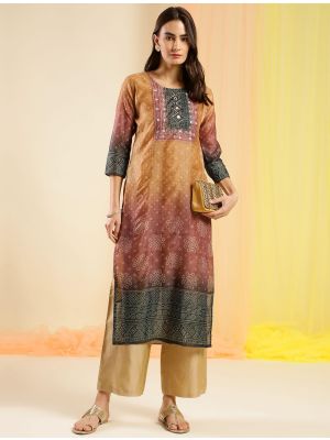 gradient orange chinon digital printed kurti with hand work fabku20849