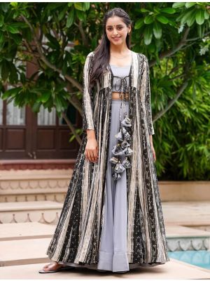 grey georgette crop top with bottom and shrug fabku20846