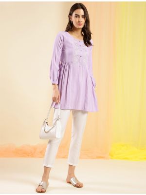 lavender cotton embroidered casual top fabku20838