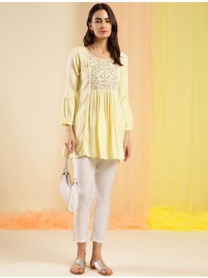 light yellow rayon embroidered casual top fabku20841