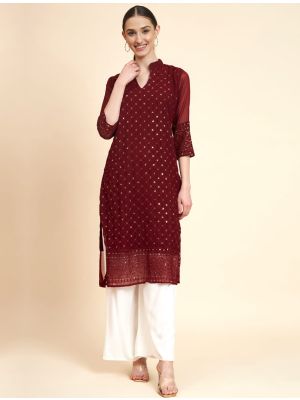 maroon georgette kurti with sequins embroidery fabku20835