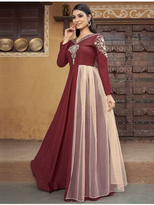 maroon muslin readymade gown with thread embroidery fabgo20248