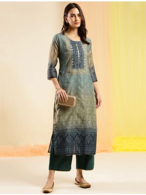 moss green chinon digital printed kurti with hand work fabku20854