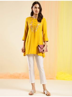 mustard rayon embroidered casual top fabku20842