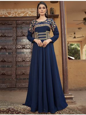 navy blue muslin readymade gown with thread embroidery fabgo20245