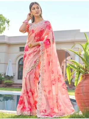 Peachy Pink Organza Digital Printed Saree With Khatli Work