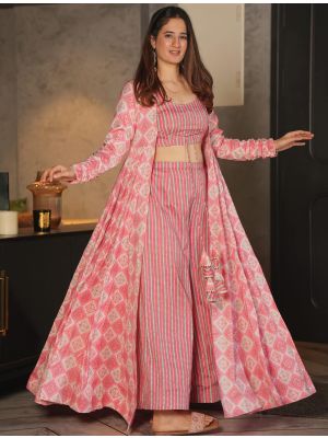 pink rayon crop top with bottom and shrug fabku20847