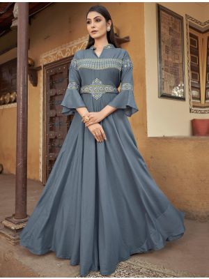 steel grey muslin readymade gown with thread embroidery fabgo20243