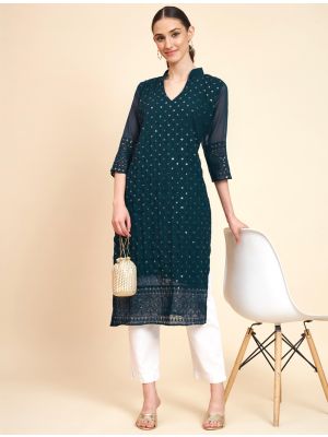 teal blue georgette kurti with sequins embroidery fabku20832
