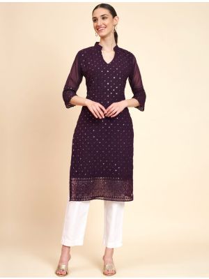 wine georgette kurti with sequins embroidery fabku20834