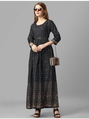 black rayon slub ankle length readymade gown   fabgo20249