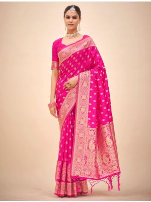 Bright Pink Banarasi Silk Saree With Woven Zari
