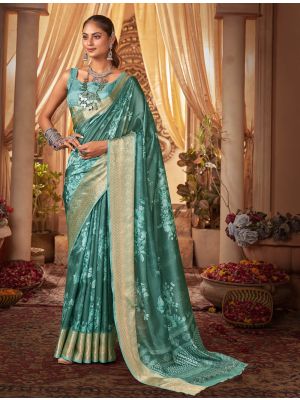 Bright Teal Cotton Silk Digital Printed Party Wear Saree