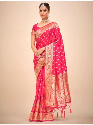 Carrot Red Banarasi Silk Saree With Woven Zari