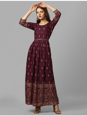 dark maroon rayon slub ankle length readymade gown   fabgo20252