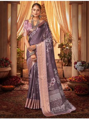 Deep Mauve Cotton Silk Digital Printed Party Wear Saree
