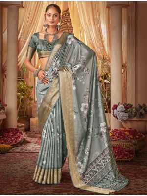 Greenish Grey Cotton Silk Digital Printed Party Wear Saree