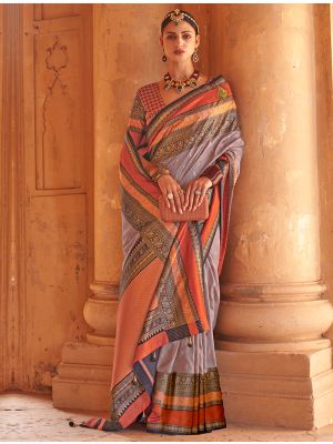 Grey Patola Silk Woven Saree With Gold Print FABSA22122