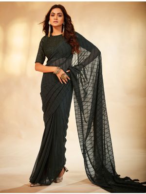Greyish Black Fancy Georgette Chic Party Wear Saree