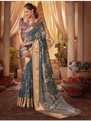 Greyish Blue Cotton Silk Digital Printed Party Wear Saree