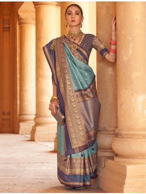 Light Blue Patola Silk Woven Saree With Gold Print