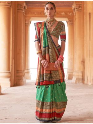 Medium Green Patola Silk Woven Saree With Gold Print