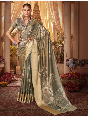 Moss Green Cotton Silk Digital Printed Party Wear Saree