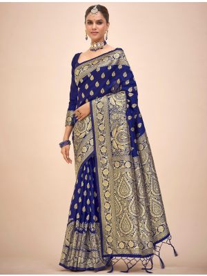 Navy Blue Banarasi Silk Saree With Woven Zari