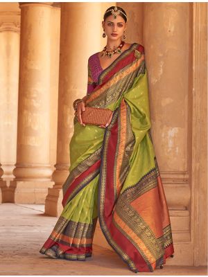 Parrot Green Patola Silk Woven Saree With Gold Print