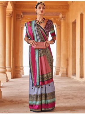 Pastel Blue Patola Silk Woven Saree With Gold Print