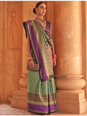 Pastel Green Patola Silk Woven Saree With Gold Print