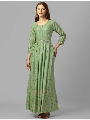 pista green rayon slub ankle length readymade gown   fabgo20250