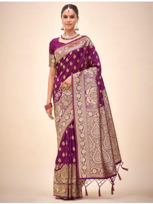 Rich Wine Banarasi Silk Saree With Woven Zari